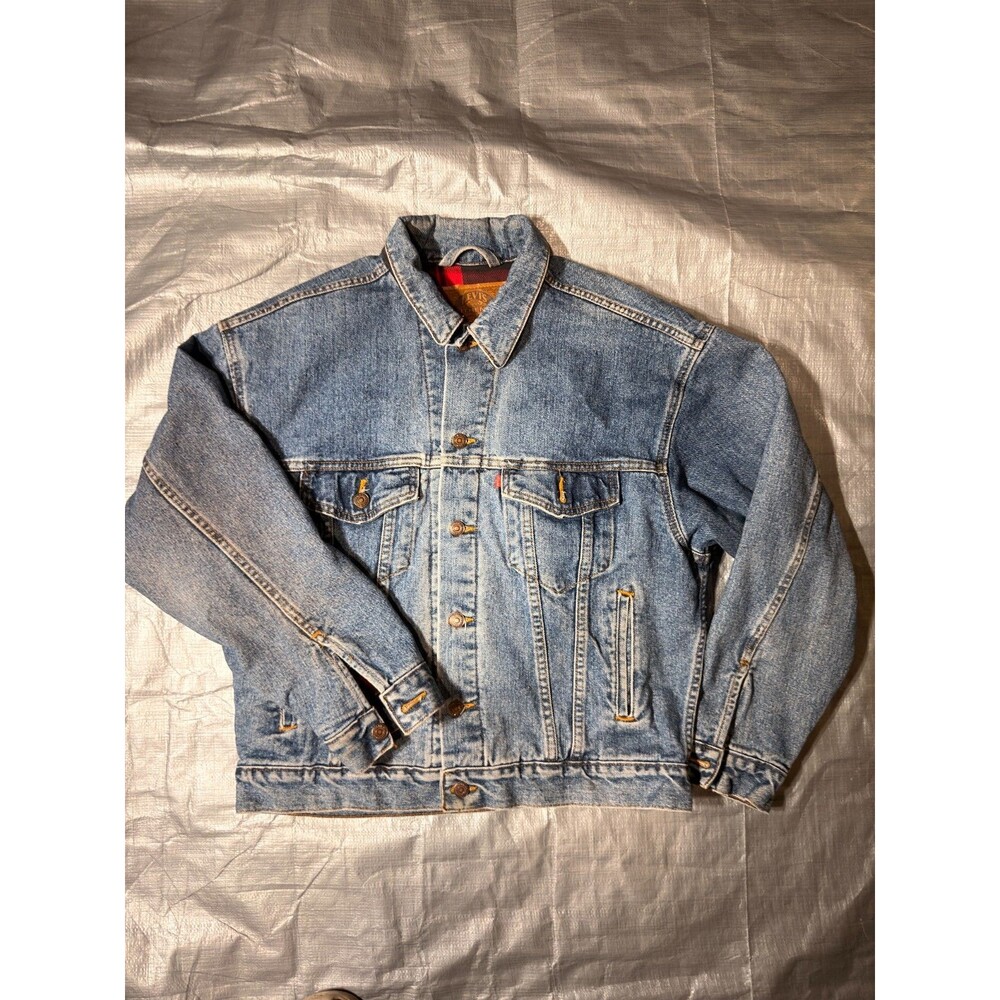 Vintage 90s Levis Plaid Lined Denim Trucker Jacket Mens Small USA Made 70427 489